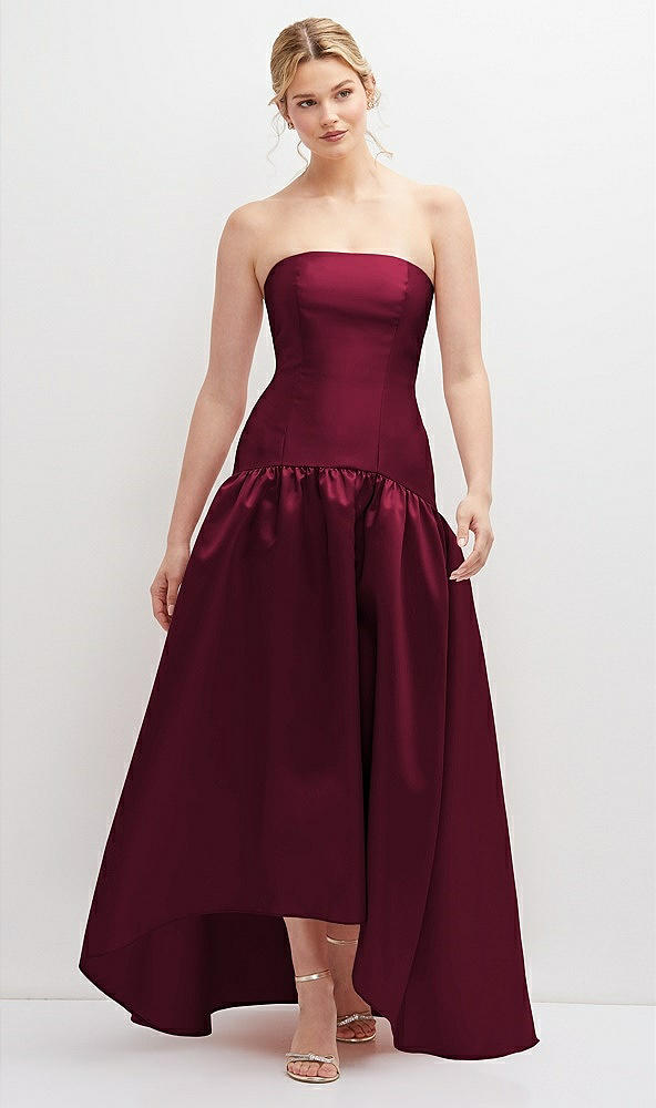 Front View - Cabernet Strapless Fitted Satin High Low Dress with Shirred Ballgown Skirt