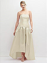 Front View Thumbnail - Champagne Strapless Fitted Satin High Low Dress with Shirred Ballgown Skirt