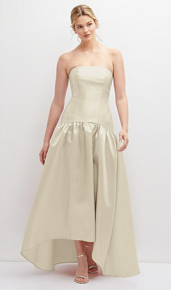 Front View - Champagne Strapless Fitted Satin High Low Dress with Shirred Ballgown Skirt
