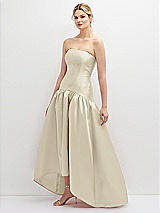 Side View Thumbnail - Champagne Strapless Fitted Satin High Low Dress with Shirred Ballgown Skirt
