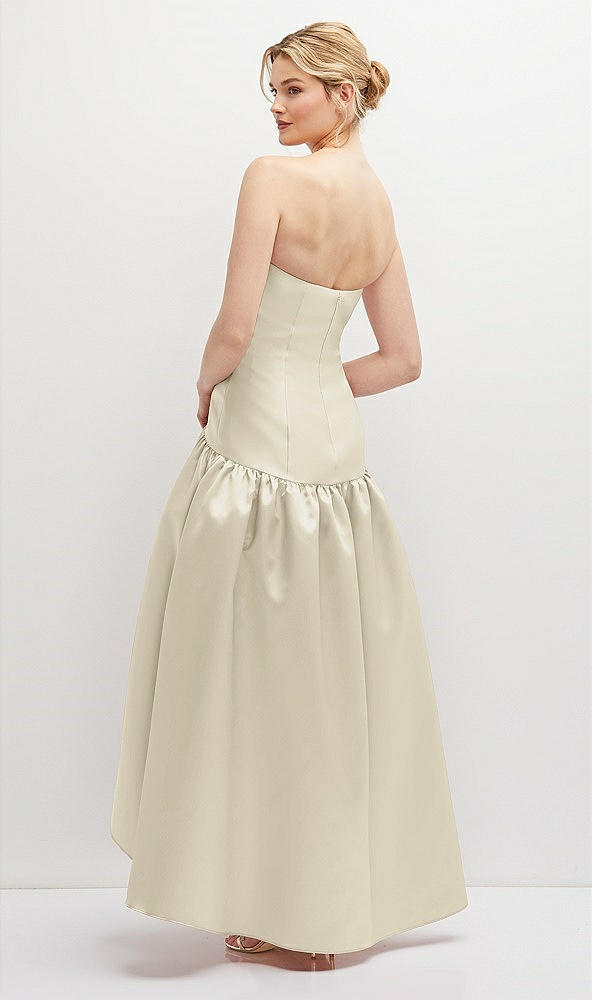 Back View - Champagne Strapless Fitted Satin High Low Dress with Shirred Ballgown Skirt
