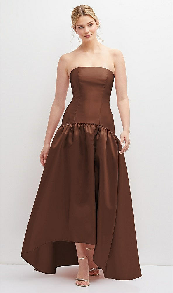 Front View - Cognac Strapless Fitted Satin High Low Dress with Shirred Ballgown Skirt