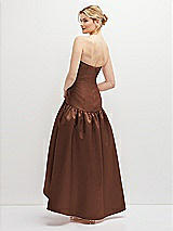 Rear View Thumbnail - Cognac Strapless Fitted Satin High Low Dress with Shirred Ballgown Skirt