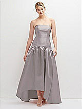 Front View Thumbnail - Cashmere Gray Strapless Fitted Satin High Low Dress with Shirred Ballgown Skirt