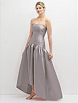 Side View Thumbnail - Cashmere Gray Strapless Fitted Satin High Low Dress with Shirred Ballgown Skirt