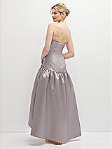 Rear View Thumbnail - Cashmere Gray Strapless Fitted Satin High Low Dress with Shirred Ballgown Skirt