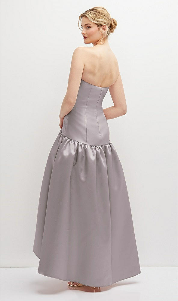 Back View - Cashmere Gray Strapless Fitted Satin High Low Dress with Shirred Ballgown Skirt