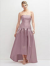 Front View Thumbnail - Dusty Rose Strapless Fitted Satin High Low Dress with Shirred Ballgown Skirt