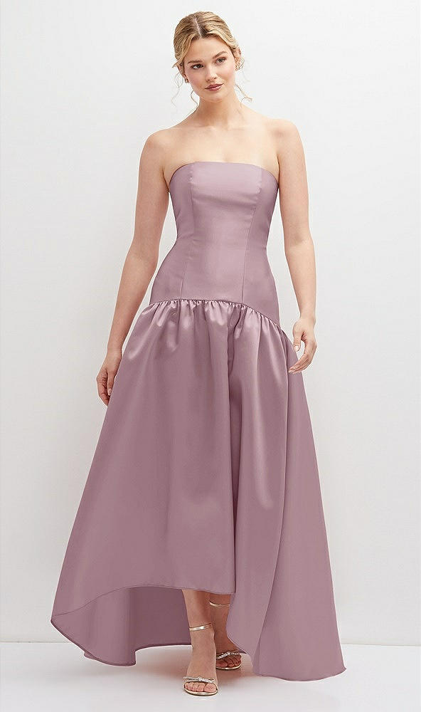 Front View - Dusty Rose Strapless Fitted Satin High Low Dress with Shirred Ballgown Skirt