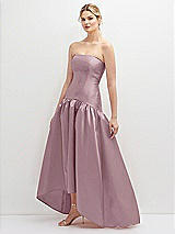 Side View Thumbnail - Dusty Rose Strapless Fitted Satin High Low Dress with Shirred Ballgown Skirt
