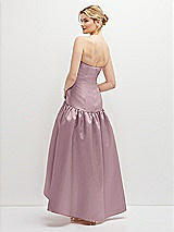 Rear View Thumbnail - Dusty Rose Strapless Fitted Satin High Low Dress with Shirred Ballgown Skirt