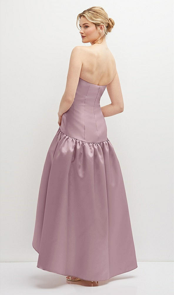 Back View - Dusty Rose Strapless Fitted Satin High Low Dress with Shirred Ballgown Skirt