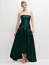 Front View Thumbnail - Evergreen Strapless Fitted Satin High Low Dress with Shirred Ballgown Skirt