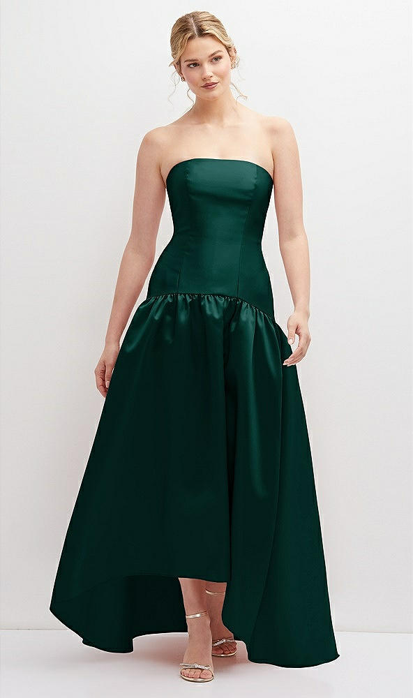 Front View - Evergreen Strapless Fitted Satin High Low Dress with Shirred Ballgown Skirt
