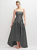 Front View Thumbnail - Gunmetal Strapless Fitted Satin High Low Dress with Shirred Ballgown Skirt