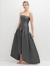 Side View Thumbnail - Gunmetal Strapless Fitted Satin High Low Dress with Shirred Ballgown Skirt