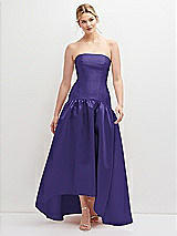 Front View Thumbnail - Grape Strapless Fitted Satin High Low Dress with Shirred Ballgown Skirt