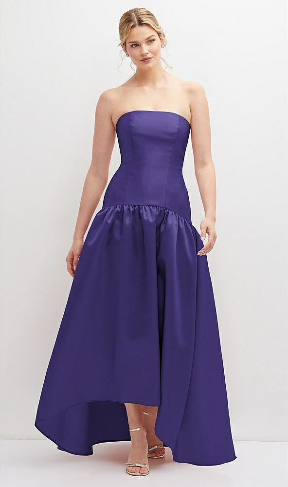 Front View - Grape Strapless Fitted Satin High Low Dress with Shirred Ballgown Skirt