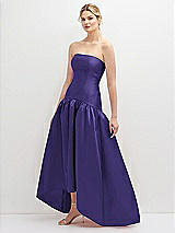 Side View Thumbnail - Grape Strapless Fitted Satin High Low Dress with Shirred Ballgown Skirt