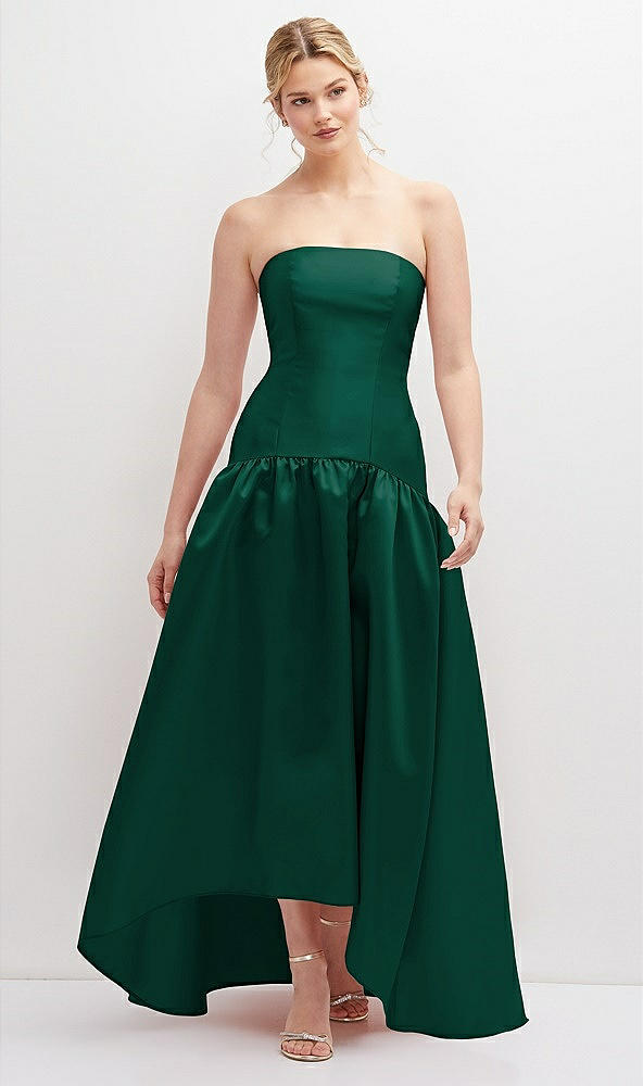 Front View - Hunter Green Strapless Fitted Satin High Low Dress with Shirred Ballgown Skirt