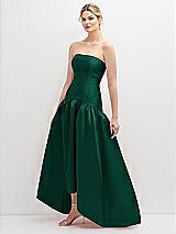 Side View Thumbnail - Hunter Green Strapless Fitted Satin High Low Dress with Shirred Ballgown Skirt