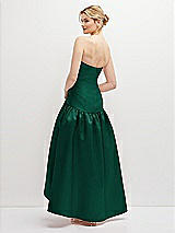 Rear View Thumbnail - Hunter Green Strapless Fitted Satin High Low Dress with Shirred Ballgown Skirt