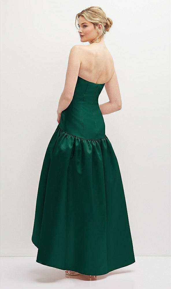 Back View - Hunter Green Strapless Fitted Satin High Low Dress with Shirred Ballgown Skirt