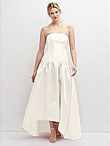 Front View Thumbnail - Ivory Strapless Fitted Satin High Low Dress with Shirred Ballgown Skirt