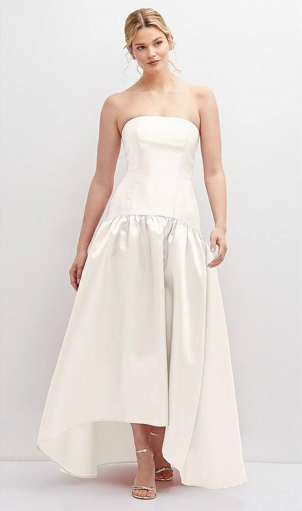 Front View - Ivory Strapless Fitted Satin High Low Dress with Shirred Ballgown Skirt