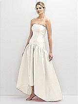 Side View Thumbnail - Ivory Strapless Fitted Satin High Low Dress with Shirred Ballgown Skirt