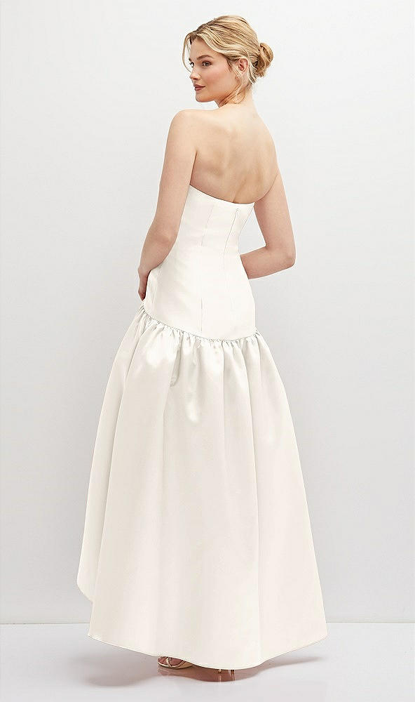 Back View - Ivory Strapless Fitted Satin High Low Dress with Shirred Ballgown Skirt