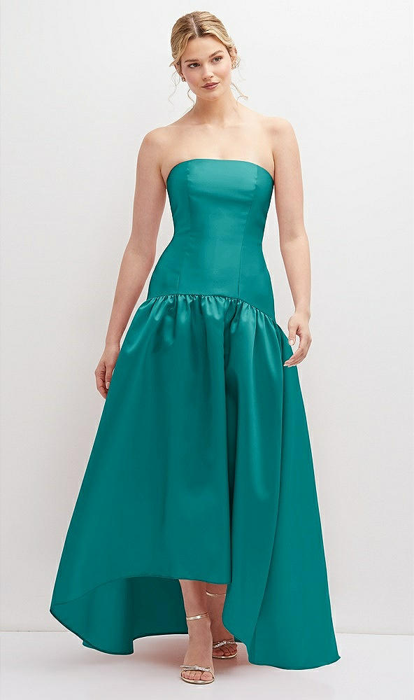 Front View - Jade Strapless Fitted Satin High Low Dress with Shirred Ballgown Skirt