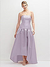 Front View Thumbnail - Lilac Haze Strapless Fitted Satin High Low Dress with Shirred Ballgown Skirt