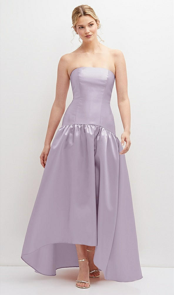 Front View - Lilac Haze Strapless Fitted Satin High Low Dress with Shirred Ballgown Skirt