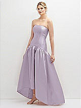 Side View Thumbnail - Lilac Haze Strapless Fitted Satin High Low Dress with Shirred Ballgown Skirt