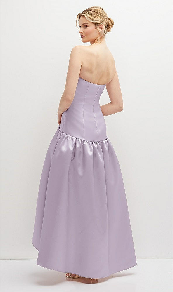 Back View - Lilac Haze Strapless Fitted Satin High Low Dress with Shirred Ballgown Skirt