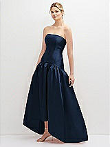 Side View Thumbnail - Midnight Navy Strapless Fitted Satin High Low Dress with Shirred Ballgown Skirt