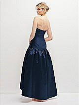 Rear View Thumbnail - Midnight Navy Strapless Fitted Satin High Low Dress with Shirred Ballgown Skirt