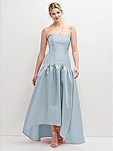 Front View Thumbnail - Mist Strapless Fitted Satin High Low Dress with Shirred Ballgown Skirt