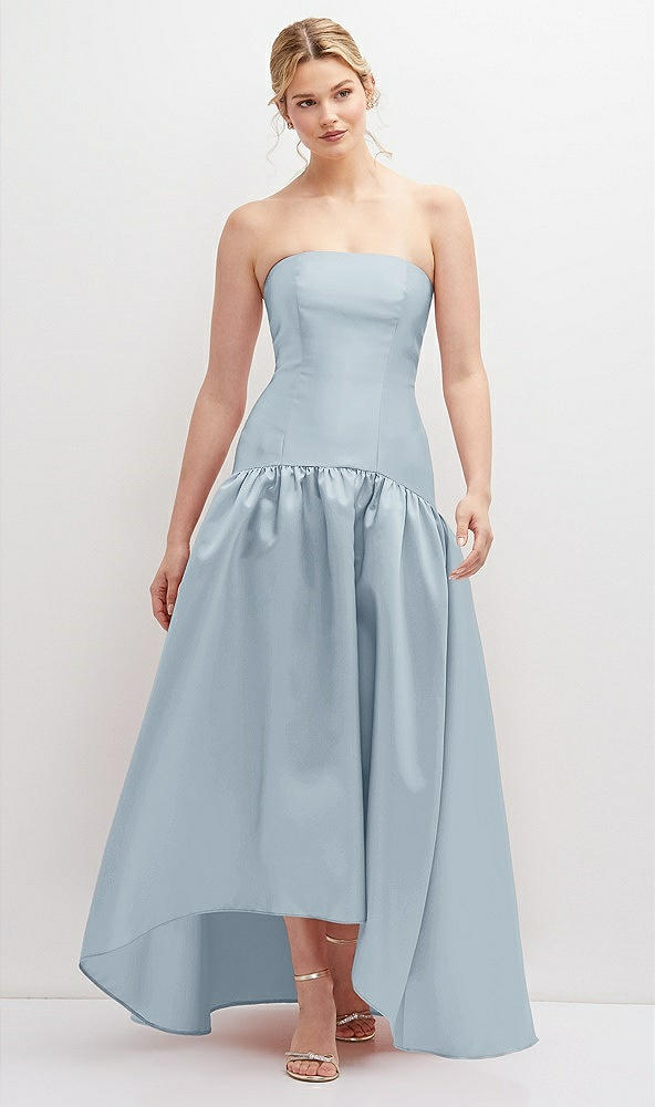 Front View - Mist Strapless Fitted Satin High Low Dress with Shirred Ballgown Skirt