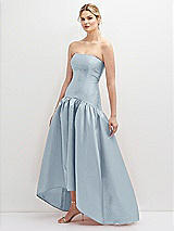 Side View Thumbnail - Mist Strapless Fitted Satin High Low Dress with Shirred Ballgown Skirt