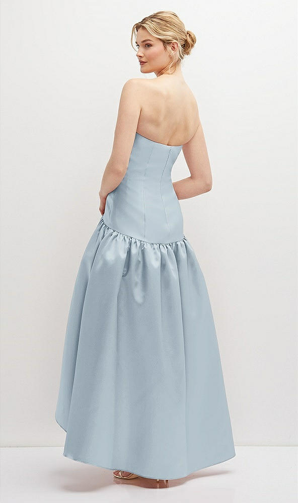Back View - Mist Strapless Fitted Satin High Low Dress with Shirred Ballgown Skirt