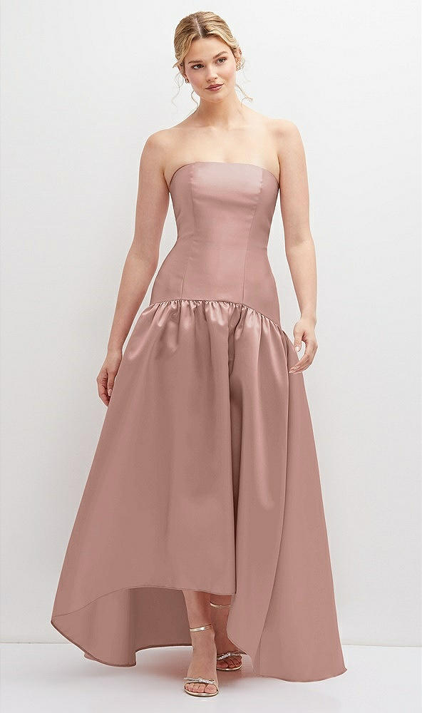 Front View - Neu Nude Strapless Fitted Satin High Low Dress with Shirred Ballgown Skirt