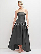 Front View Thumbnail - Pewter Strapless Fitted Satin High Low Dress with Shirred Ballgown Skirt