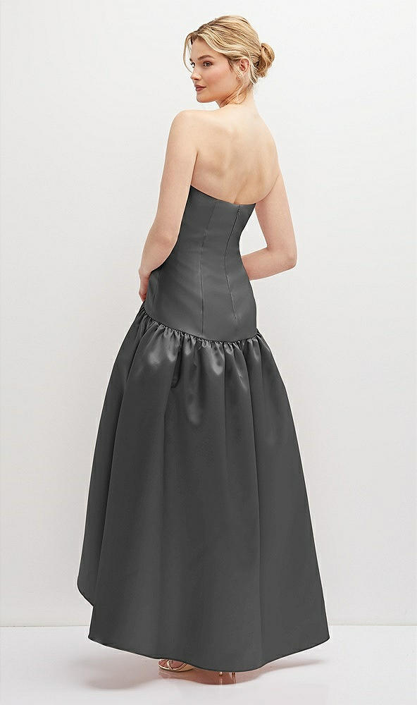 Back View - Pewter Strapless Fitted Satin High Low Dress with Shirred Ballgown Skirt