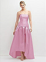 Front View Thumbnail - Powder Pink Strapless Fitted Satin High Low Dress with Shirred Ballgown Skirt