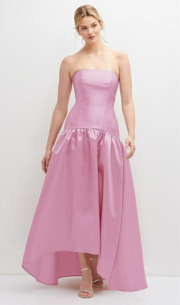 Front View - Powder Pink Strapless Fitted Satin High Low Dress with Shirred Ballgown Skirt