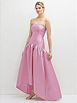 Side View Thumbnail - Powder Pink Strapless Fitted Satin High Low Dress with Shirred Ballgown Skirt
