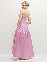 Rear View Thumbnail - Powder Pink Strapless Fitted Satin High Low Dress with Shirred Ballgown Skirt