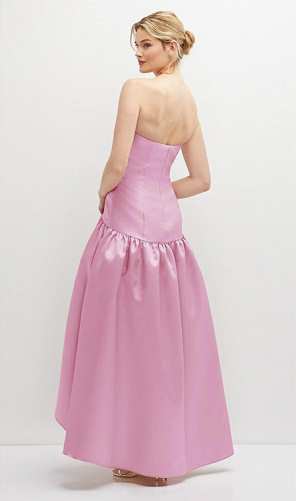 Back View - Powder Pink Strapless Fitted Satin High Low Dress with Shirred Ballgown Skirt